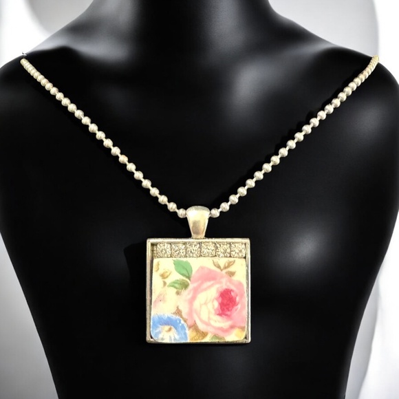 Homer Laughlin Floral Broken China Square Pendant with Rhinestones Necklace - Picture 8 of 16